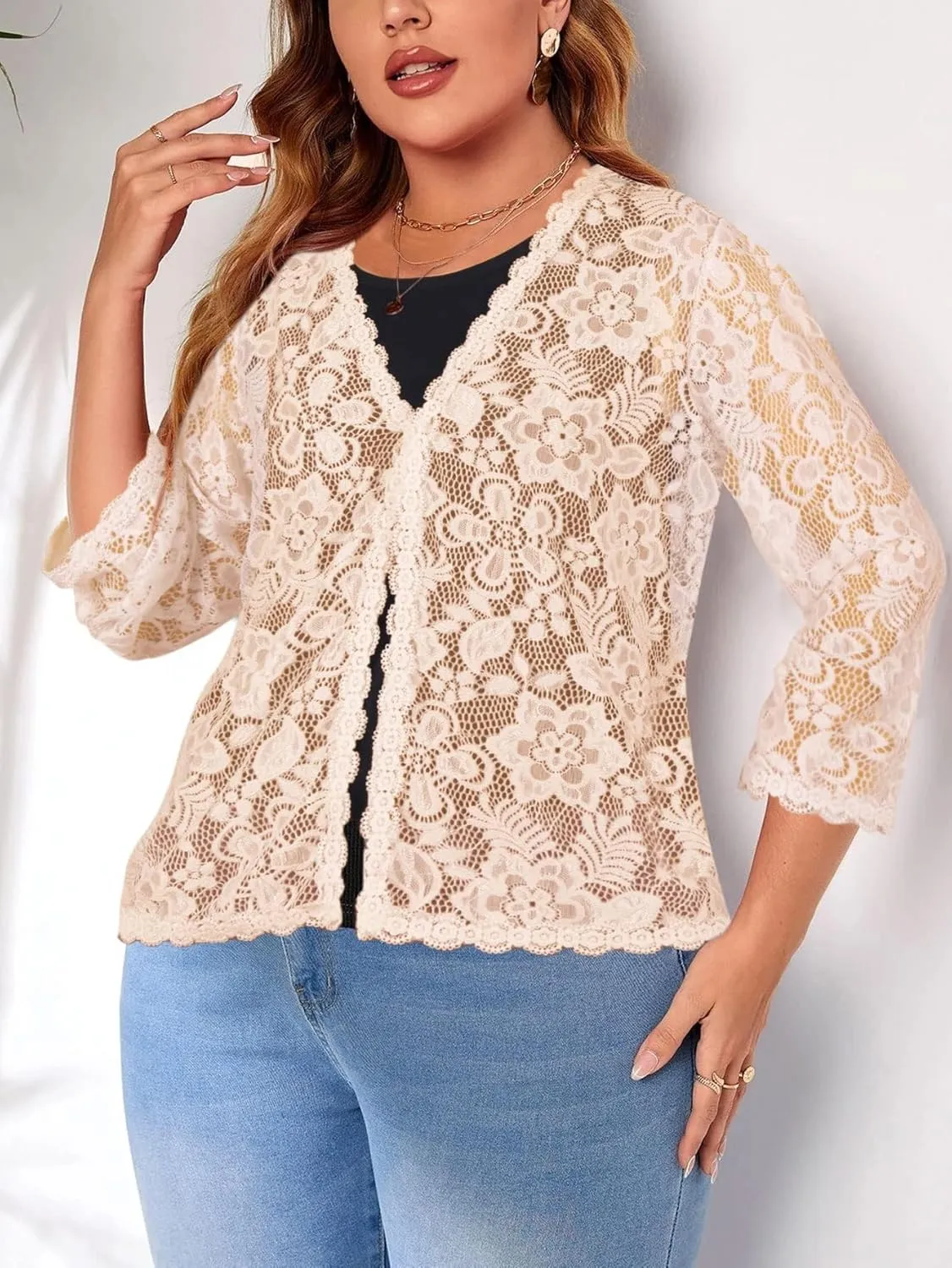 Women's Plus Size 3/4 Sleeve Bolero Shrugs Crochet Lace Open Front Cardigan