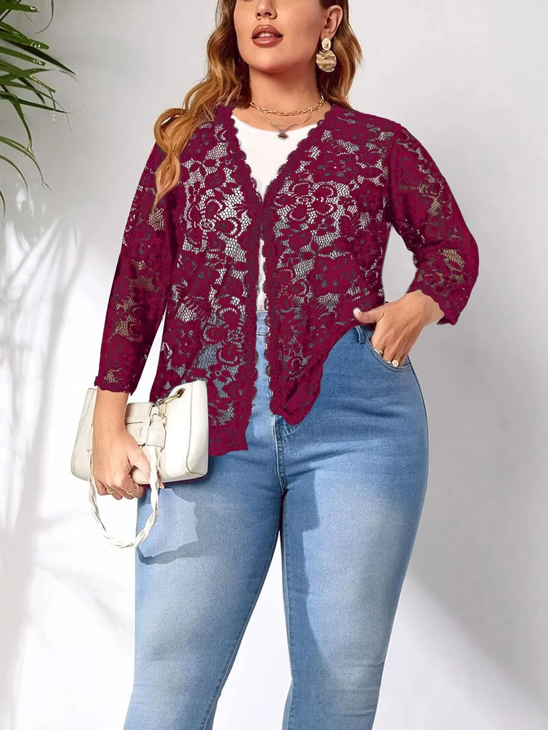 Women's Plus Size 3/4 Sleeve Bolero Shrugs Crochet Lace Open Front Cardigan