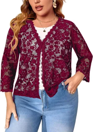 Women's Plus Size 3/4 Sleeve Bolero Shrugs Crochet Lace Open Front Cardigan