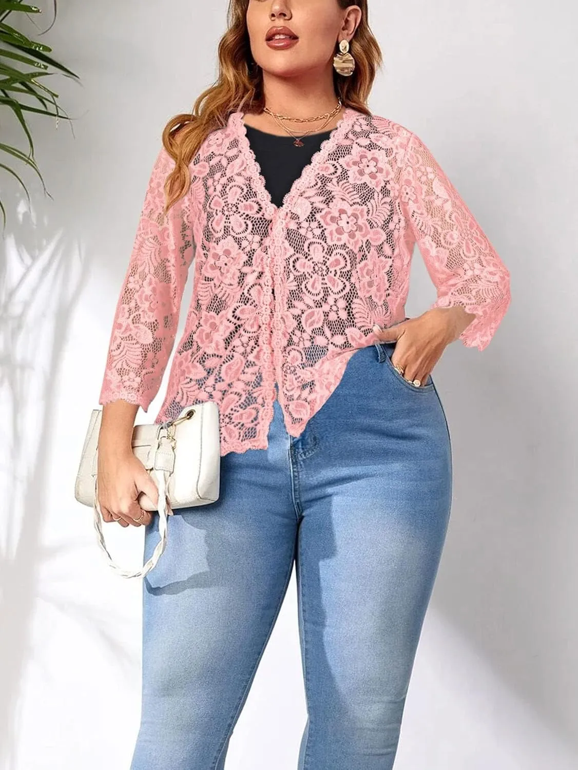 Women's Plus Size 3/4 Sleeve Bolero Shrugs Crochet Lace Open Front Cardigan
