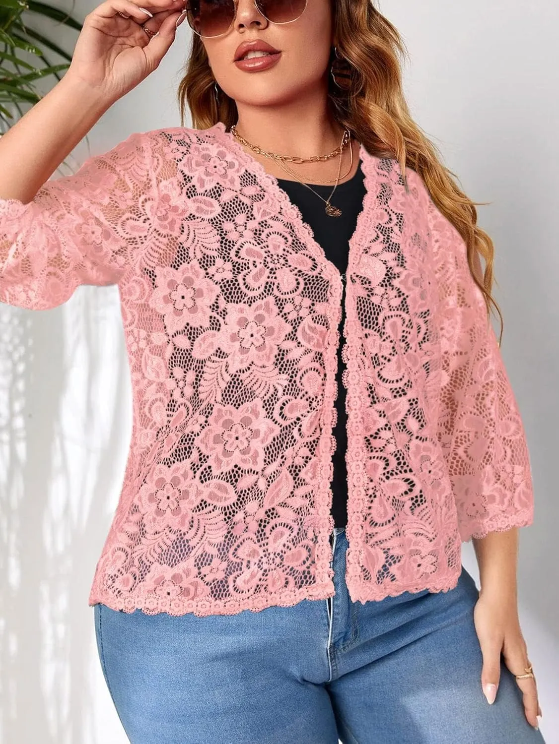 Women's Plus Size 3/4 Sleeve Bolero Shrugs Crochet Lace Open Front Cardigan
