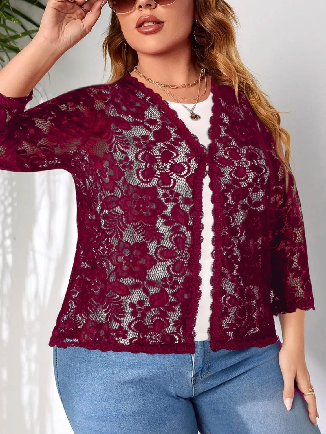Women's Plus Size 3/4 Sleeve Bolero Shrugs Crochet Lace Open Front Cardigan