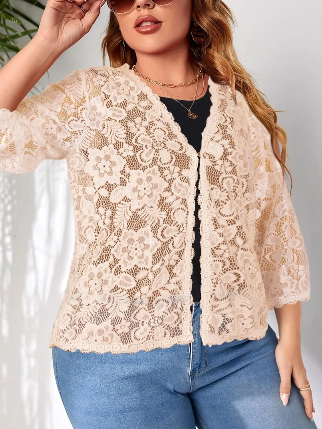 Women's Plus Size 3/4 Sleeve Bolero Shrugs Crochet Lace Open Front Cardigan