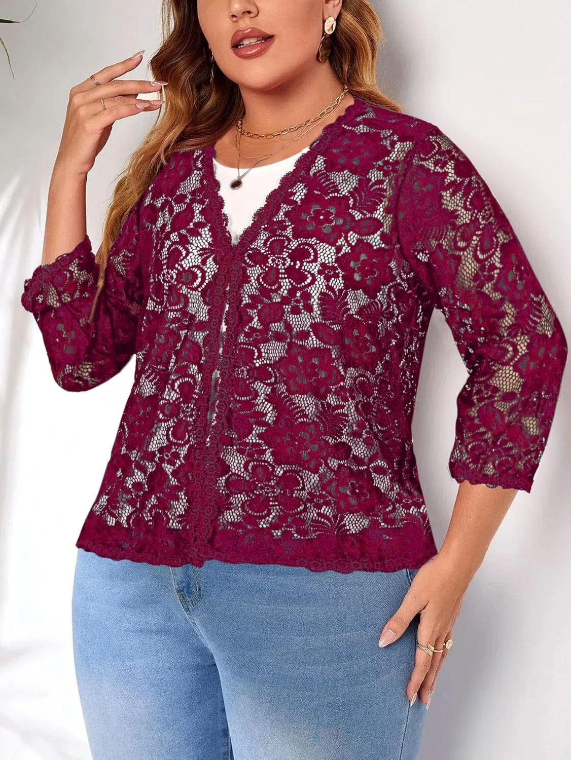 Women's Plus Size 3/4 Sleeve Bolero Shrugs Crochet Lace Open Front Cardigan