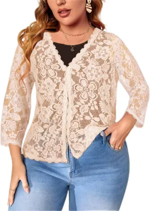Women's Plus Size 3/4 Sleeve Bolero Shrugs Crochet Lace Open Front Cardigan
