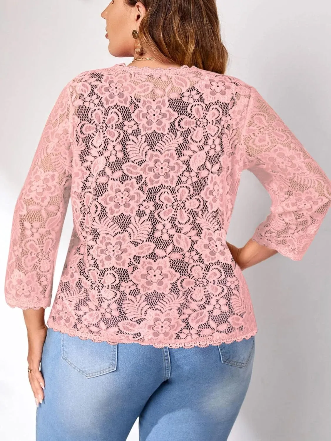 Women's Plus Size 3/4 Sleeve Bolero Shrugs Crochet Lace Open Front Cardigan