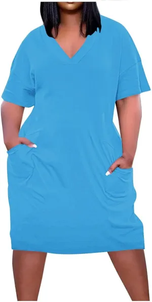 Women's Plus Size Casual Midi Dresses Short Sleeve Solid Color V Neck Summer T Shirt Dress with Pockets