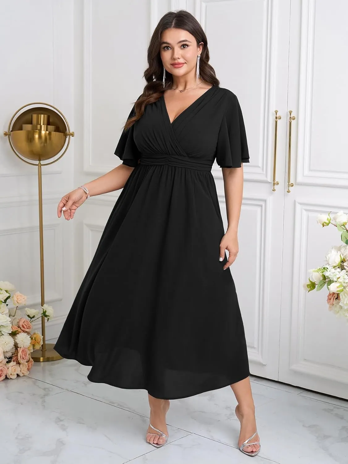 Womens Plus Size Wrap V Neck Dress Short Flutter Sleeve Pleated Empire Waist Ruffle A Line Maxi Long Dresses