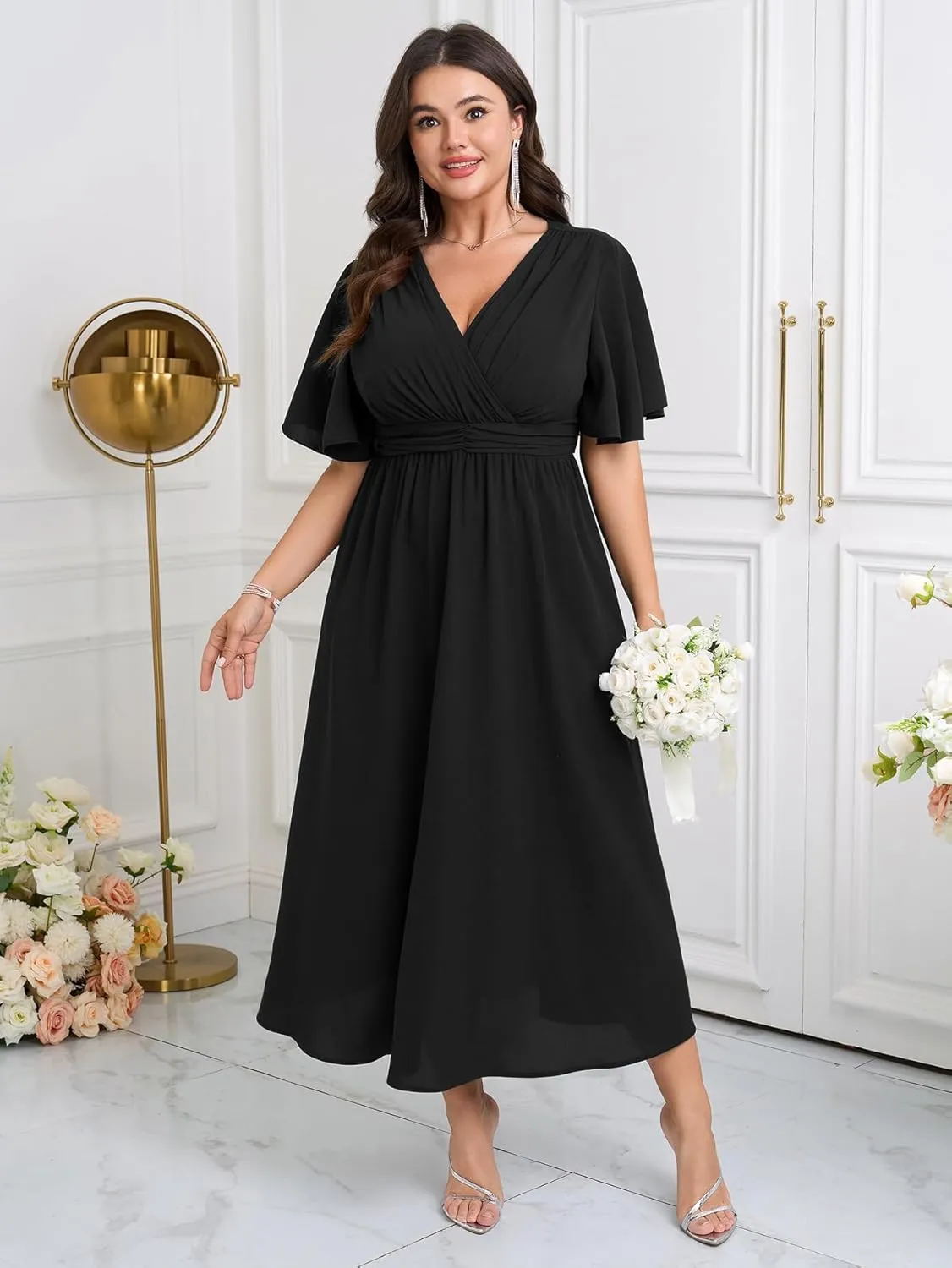 Womens Plus Size Wrap V Neck Dress Short Flutter Sleeve Pleated Empire Waist Ruffle A Line Maxi Long Dresses