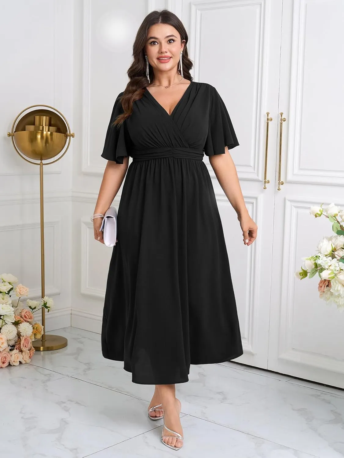 Womens Plus Size Wrap V Neck Dress Short Flutter Sleeve Pleated Empire Waist Ruffle A Line Maxi Long Dresses