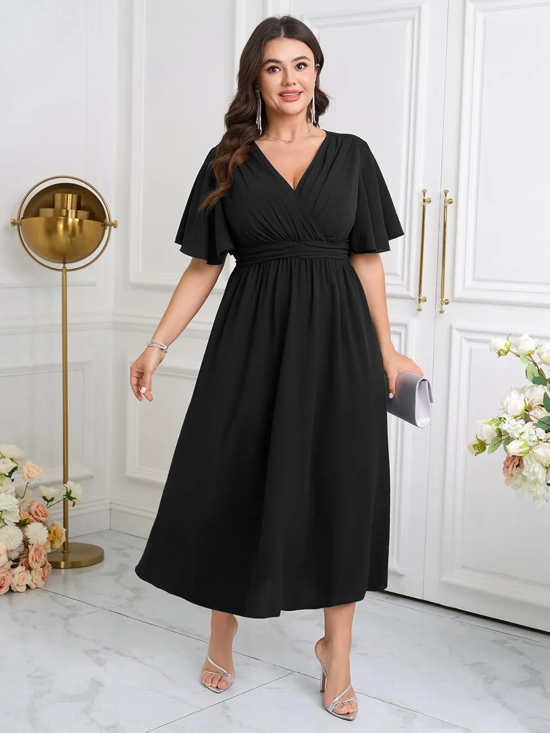Womens Plus Size Wrap V Neck Dress Short Flutter Sleeve Pleated Empire Waist Ruffle A Line Maxi Long Dresses