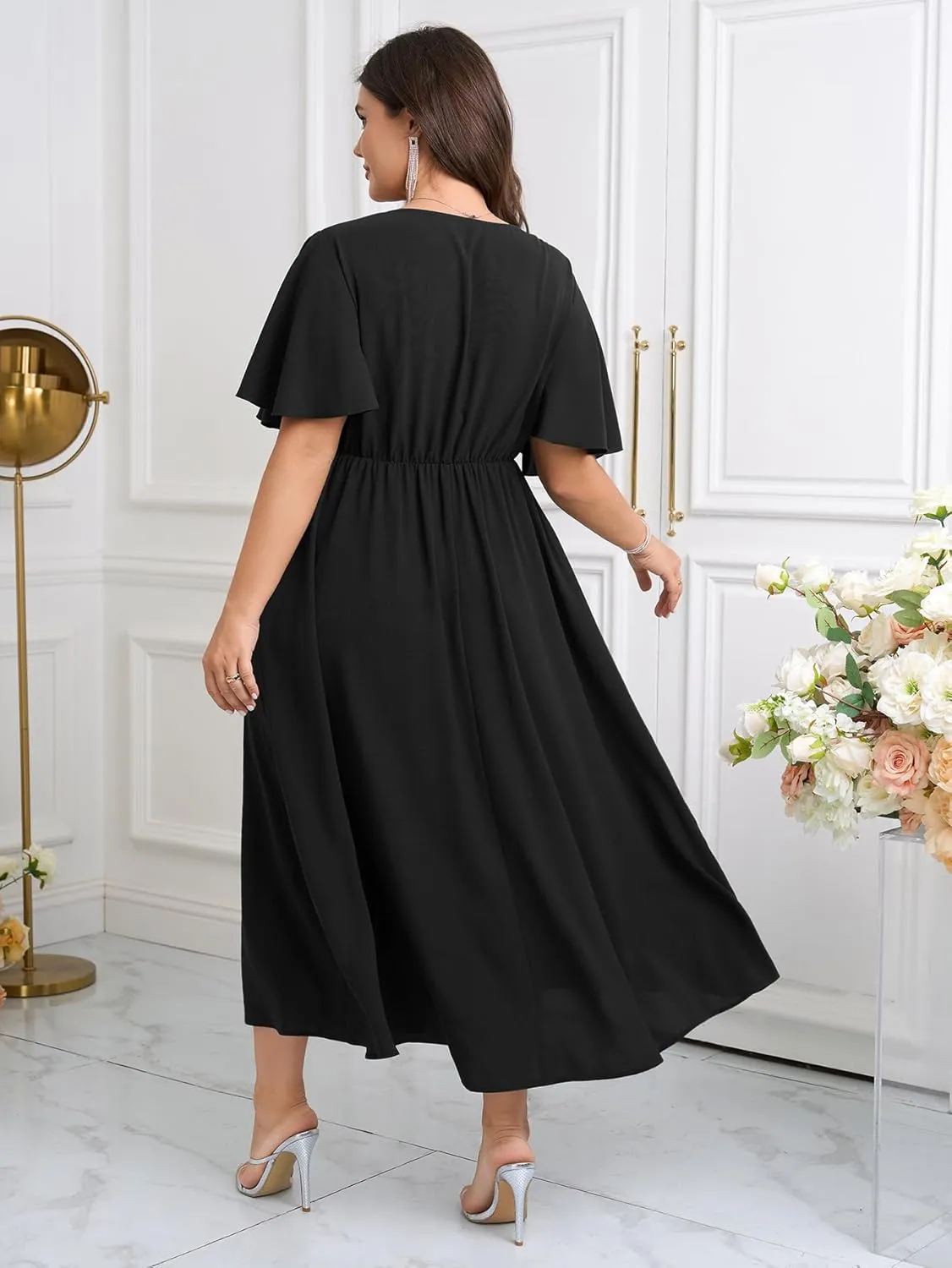 Womens Plus Size Wrap V Neck Dress Short Flutter Sleeve Pleated Empire Waist Ruffle A Line Maxi Long Dresses