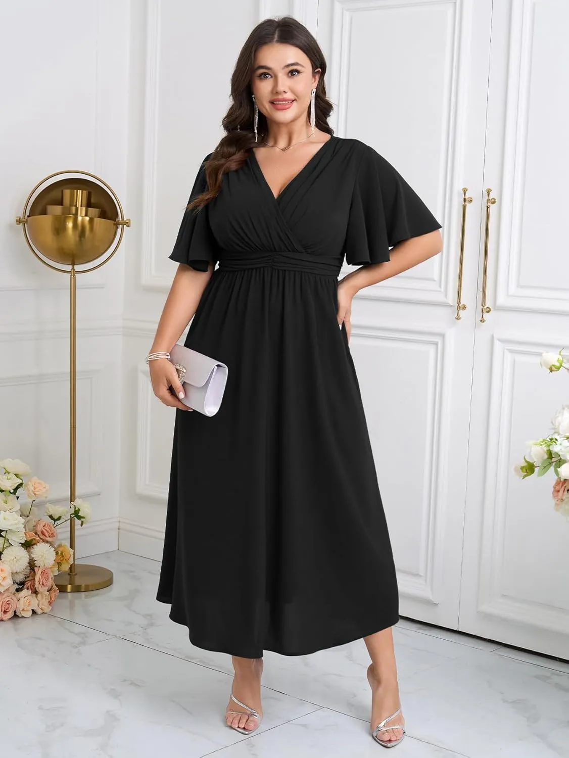 Womens Plus Size Wrap V Neck Dress Short Flutter Sleeve Pleated Empire Waist Ruffle A Line Maxi Long Dresses