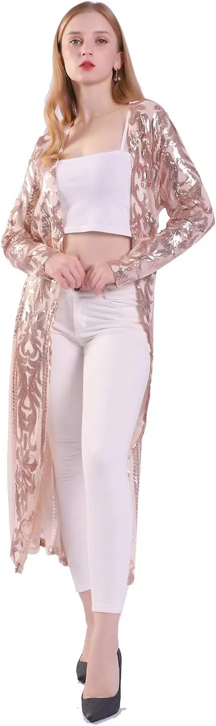 Women's Sequin Cardigan Summer Cover Up Dress Glitter Sparkle Open Front Coat Dresses Duster for Evening Prom