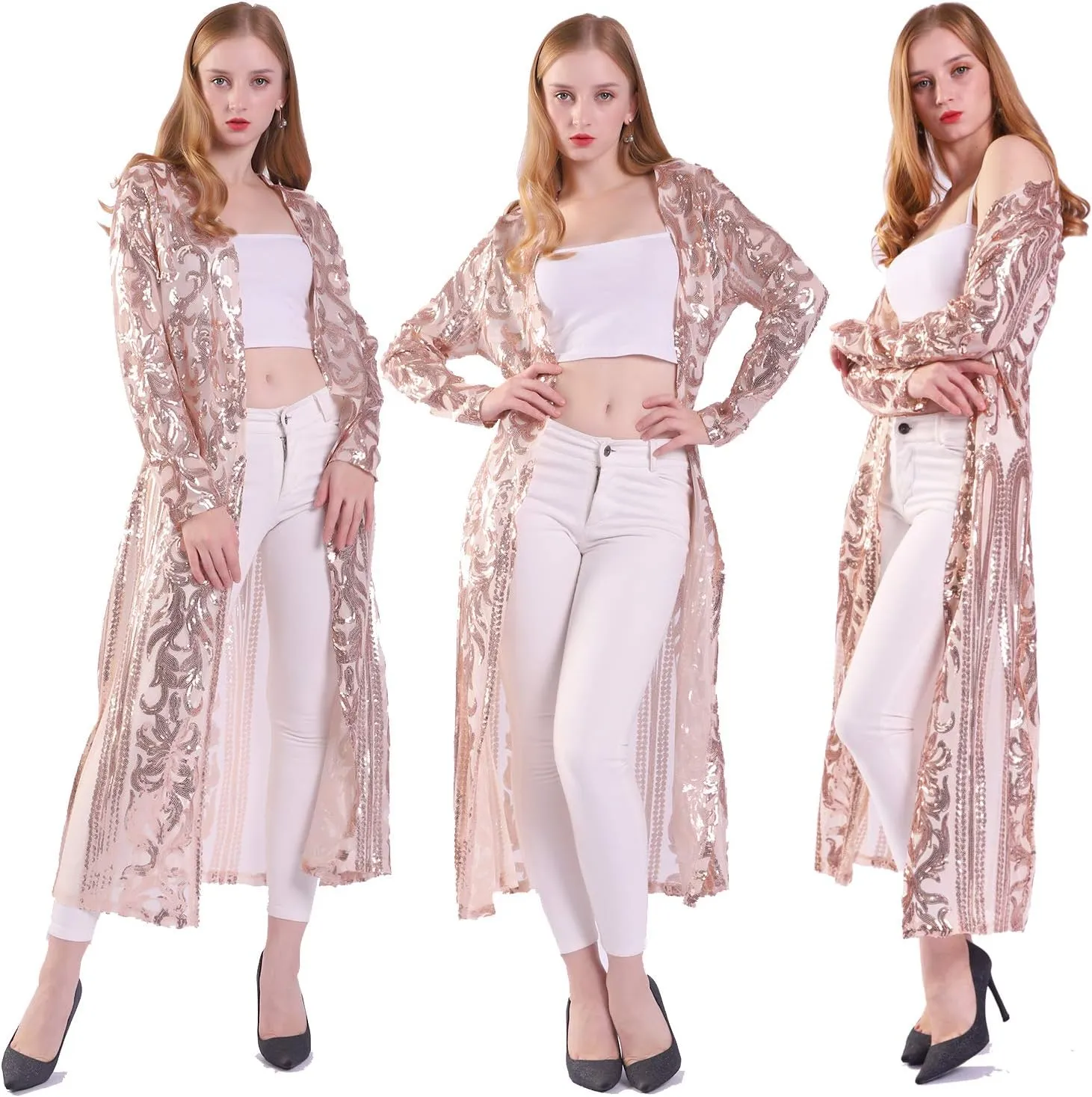 Women's Sequin Cardigan Summer Cover Up Dress Glitter Sparkle Open Front Coat Dresses Duster for Evening Prom