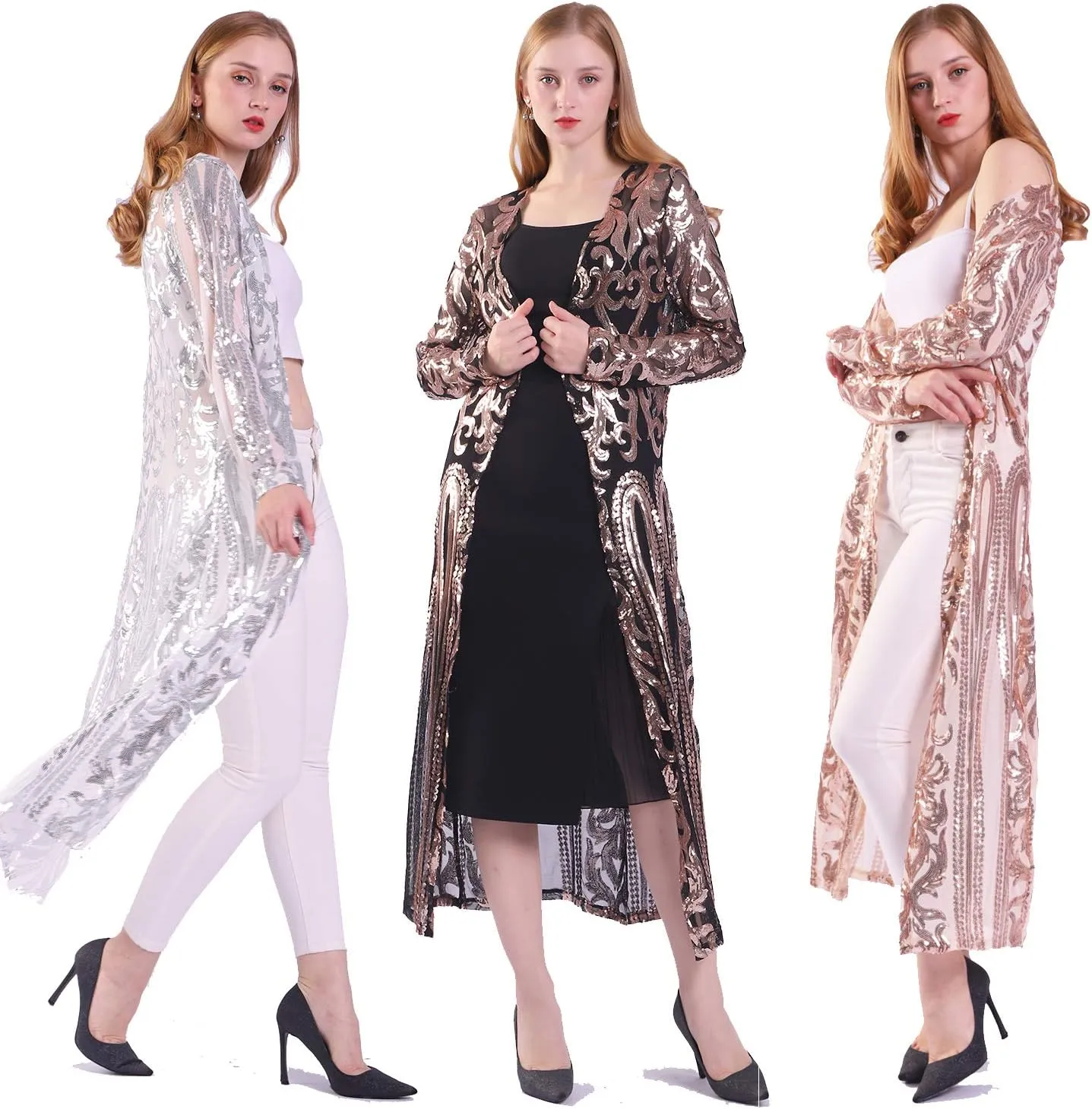 Women's Sequin Cardigan Summer Cover Up Dress Glitter Sparkle Open Front Coat Dresses Duster for Evening Prom