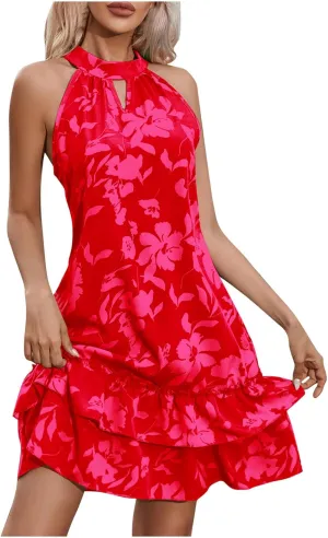 Womens Sexy Summer Dresses Sleeveless Mini Short Dress Ruffle Hem Party Dress Solid Color Bodycon Short Dress