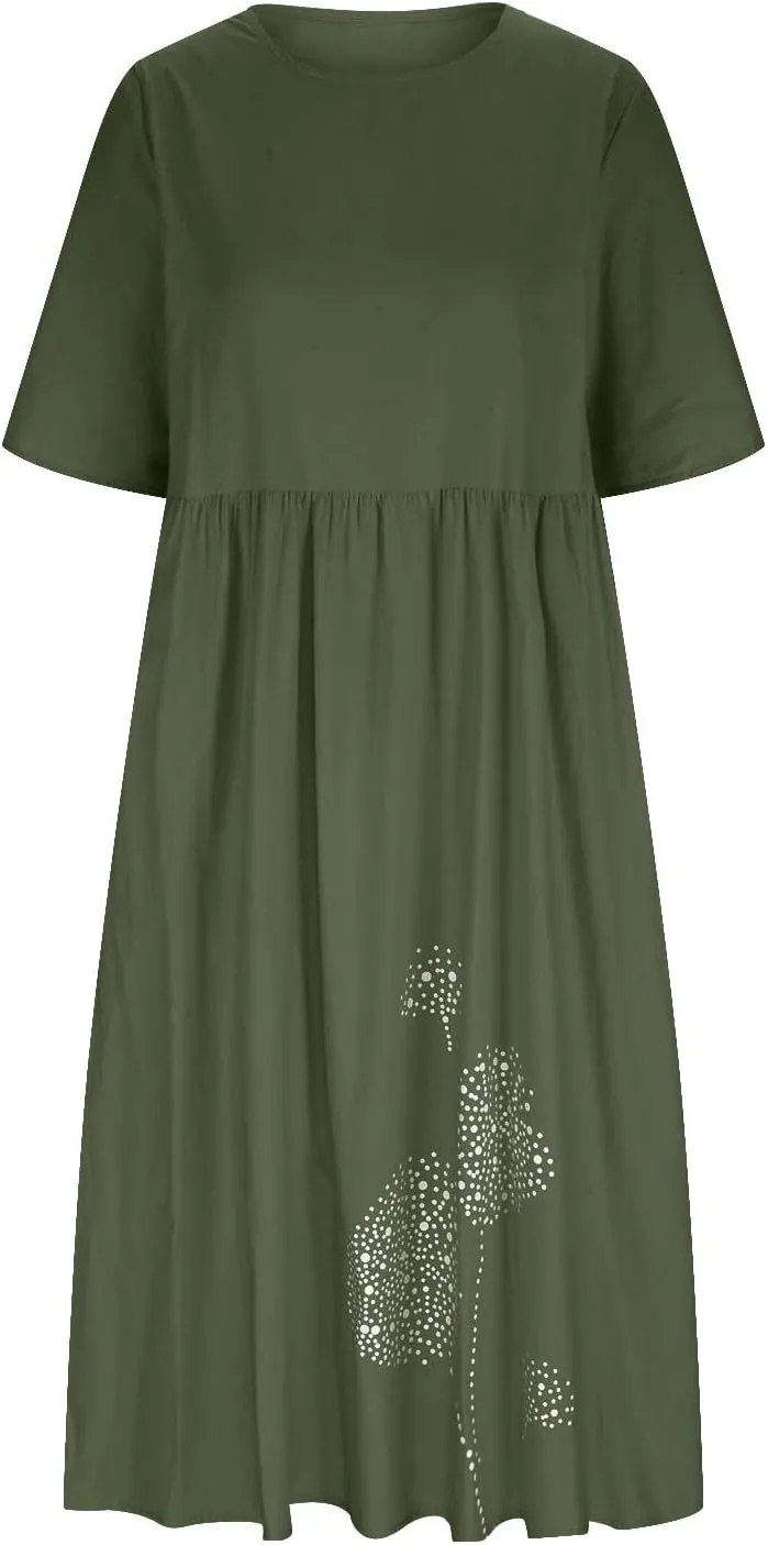 Womens Short Sleeve Casual Midi Dresses Cute Flower Graphic Print Sun Dresses Casual Loose Beach Dress with Pockets