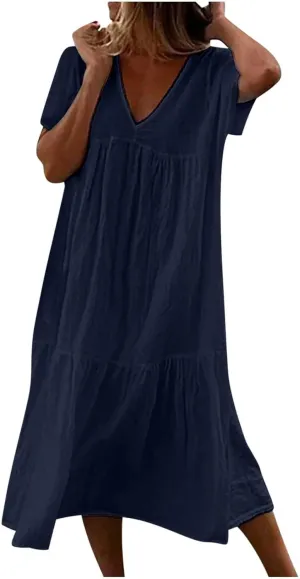 Womens Short Sleeve Dress Loose Fit Casual V Neck Midi Dresses Basic Swing Tshirt Beach Sun Dress Flowy Maxi Sundress