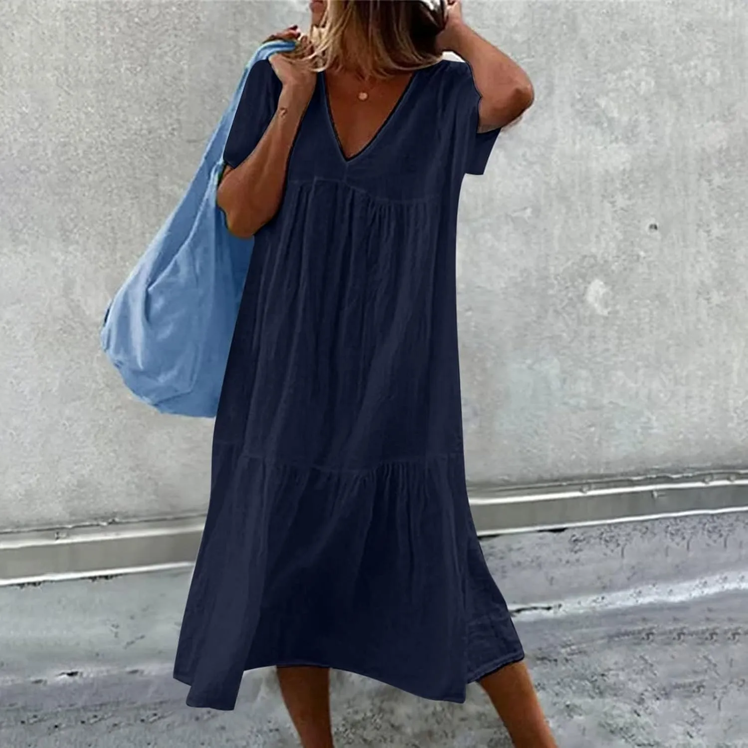 Womens Short Sleeve Dress Loose Fit Casual V Neck Midi Dresses Basic Swing Tshirt Beach Sun Dress Flowy Maxi Sundress
