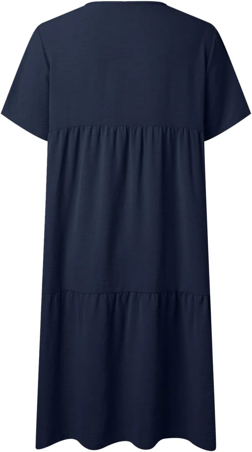 Womens Short Sleeve Dress Loose Fit Casual V Neck Midi Dresses Basic Swing Tshirt Beach Sun Dress Flowy Maxi Sundress