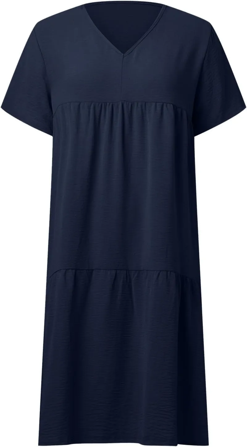 Womens Short Sleeve Dress Loose Fit Casual V Neck Midi Dresses Basic Swing Tshirt Beach Sun Dress Flowy Maxi Sundress