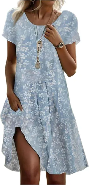 Women's Short Sleeve Summer Sundress with Pockets, Casual Loose Fit Floral Round Neck Knee Length Beach Dress