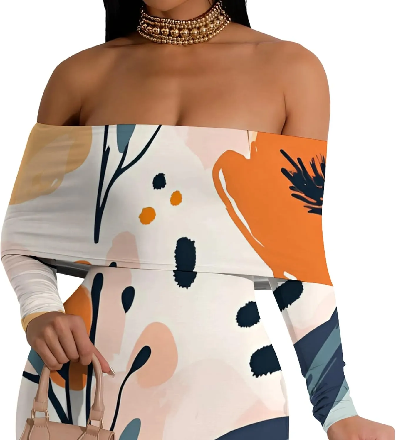 Women's Sleeve Dress Off The Shoulder Long Bodycon Fit Floral Pattern Maxi Casual Sexy Boho Length Dresses