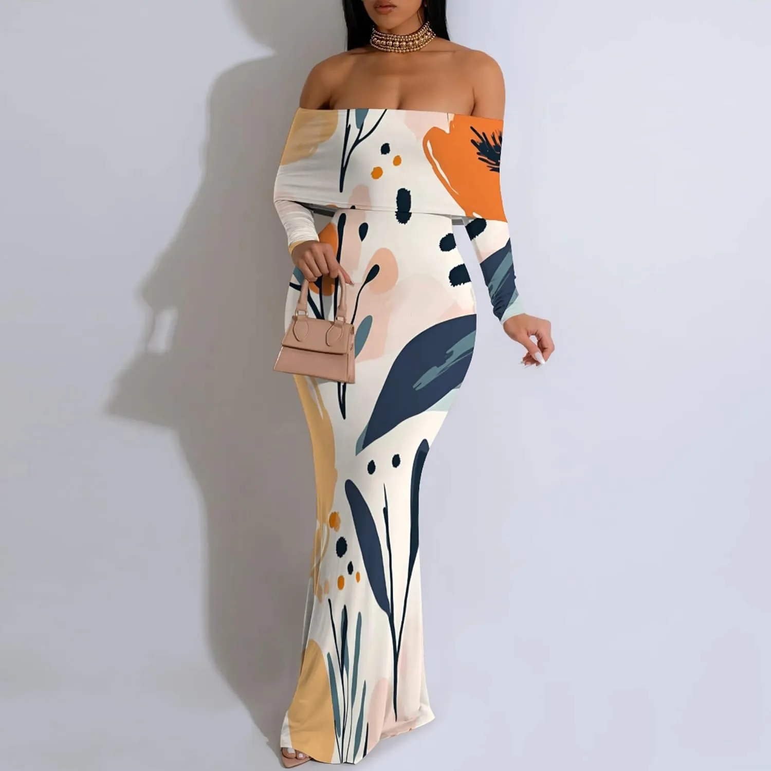 Women's Sleeve Dress Off The Shoulder Long Bodycon Fit Floral Pattern Maxi Casual Sexy Boho Length Dresses