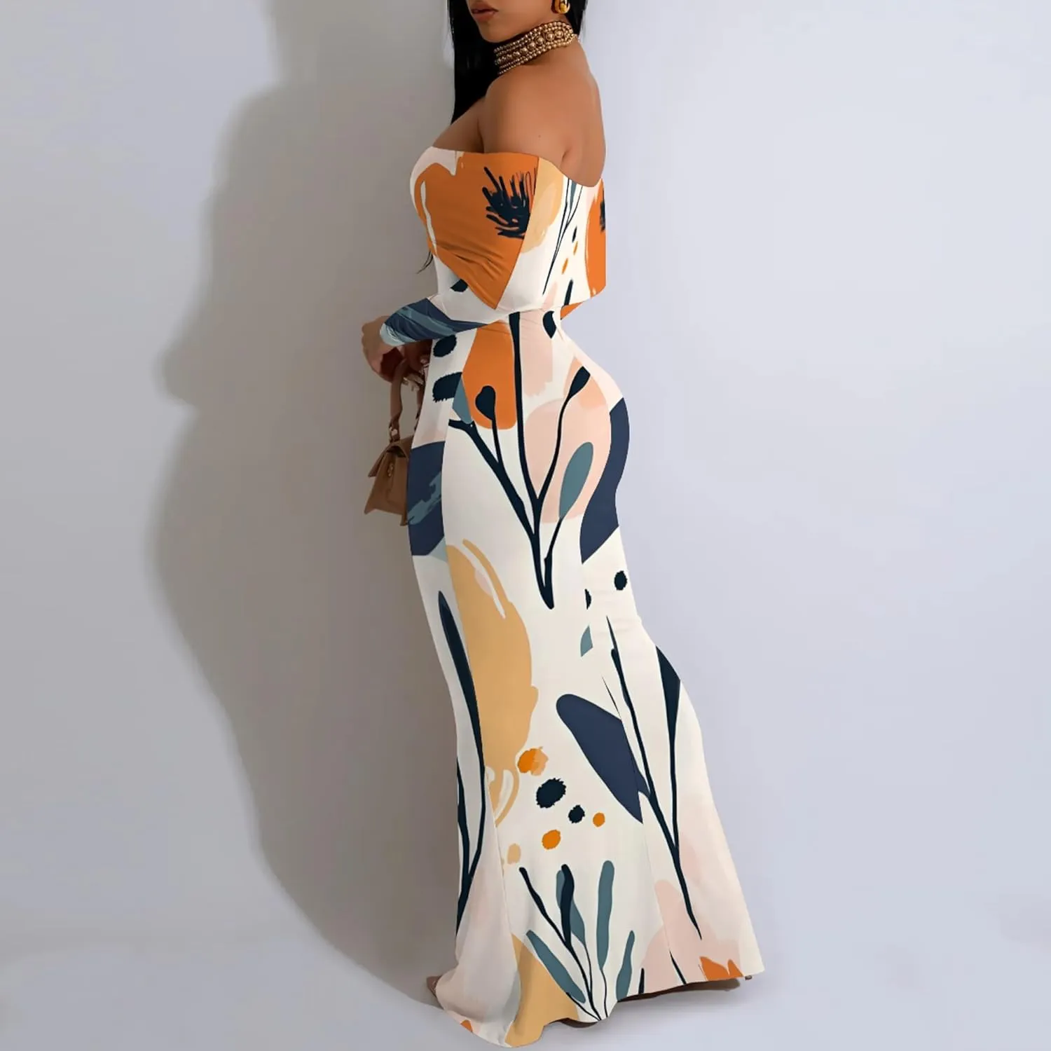 Women's Sleeve Dress Off The Shoulder Long Bodycon Fit Floral Pattern Maxi Casual Sexy Boho Length Dresses