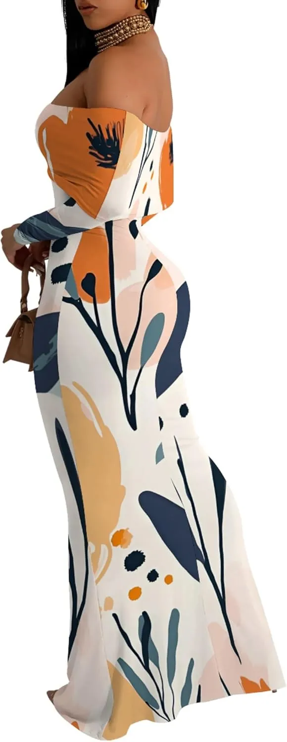 Women's Sleeve Dress Off The Shoulder Long Bodycon Fit Floral Pattern Maxi Casual Sexy Boho Length Dresses