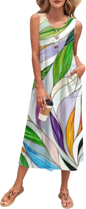 Women's Sleeveless Midi Dress with Pockets, Summer Casual Boho Floral Button Down Loose Comfy Tank Beach Sundress