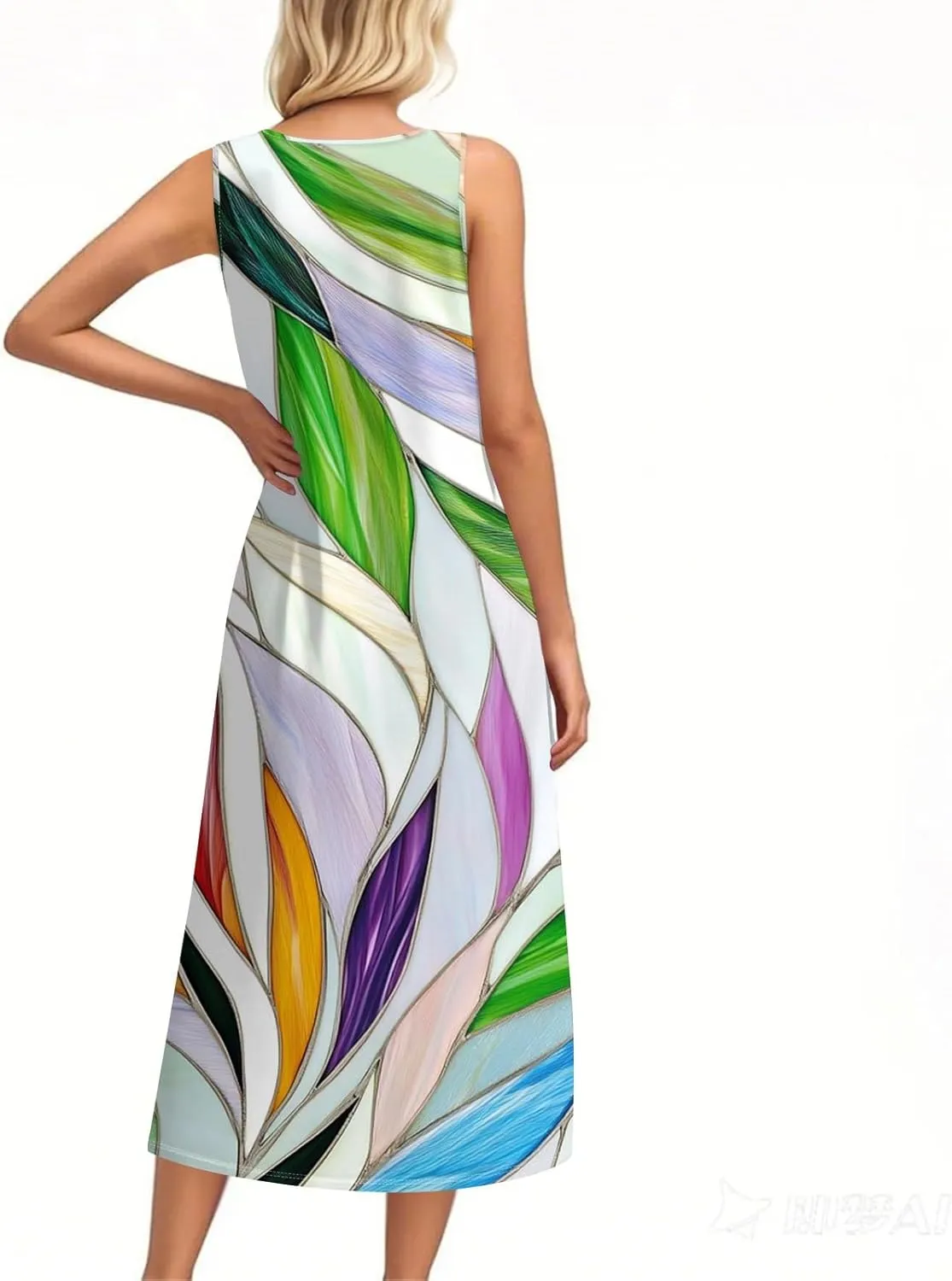 Women's Sleeveless Midi Dress with Pockets, Summer Casual Boho Floral Button Down Loose Comfy Tank Beach Sundress