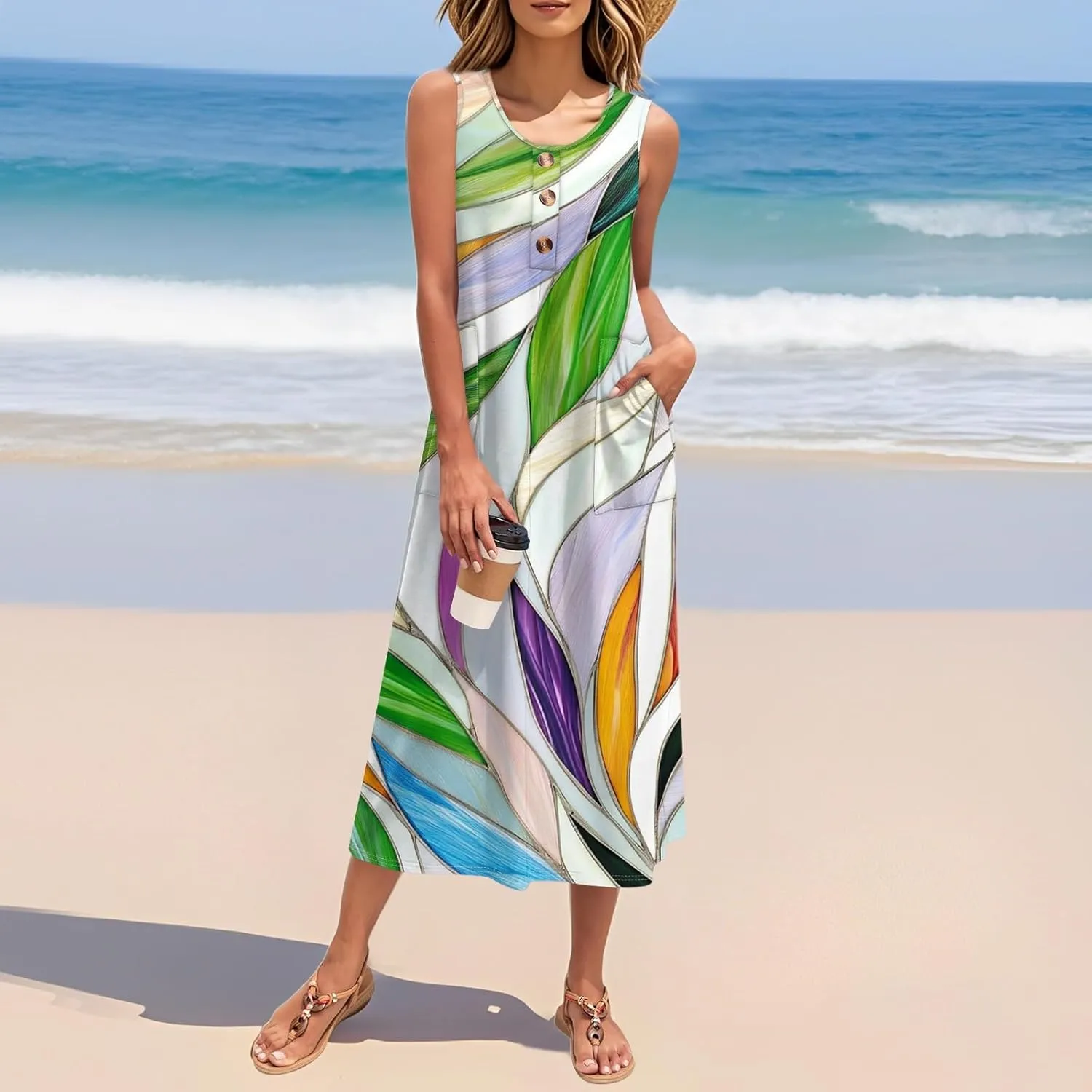 Women's Sleeveless Midi Dress with Pockets, Summer Casual Boho Floral Button Down Loose Comfy Tank Beach Sundress