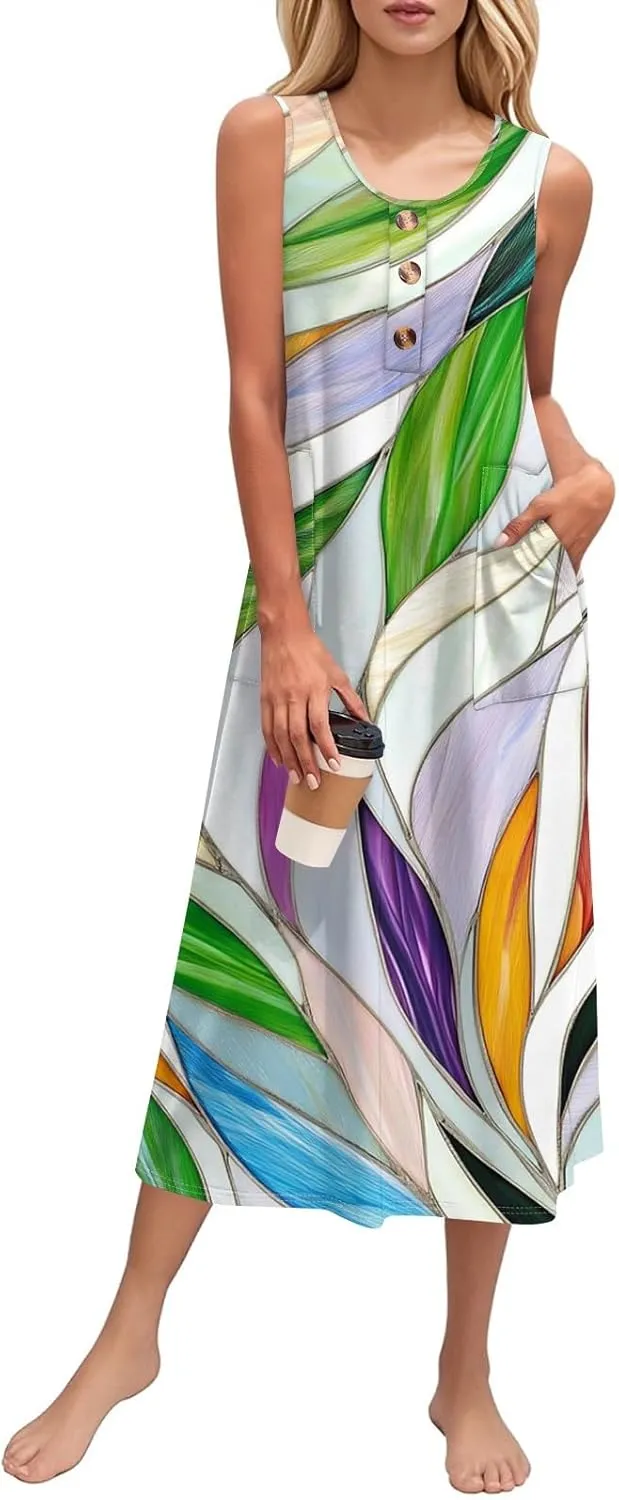 Women's Sleeveless Midi Dress with Pockets, Summer Casual Boho Floral Button Down Loose Comfy Tank Beach Sundress