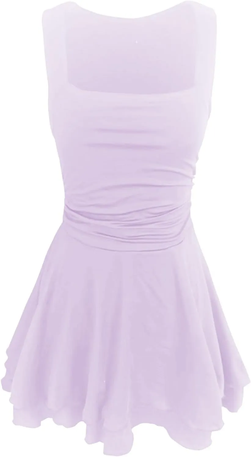 Women's Square Neck Ruffle Hem Mini Dress Ruched Waist Flowy Loose Relaxed Fit Short Trendy Comfy Soft Party Dresses