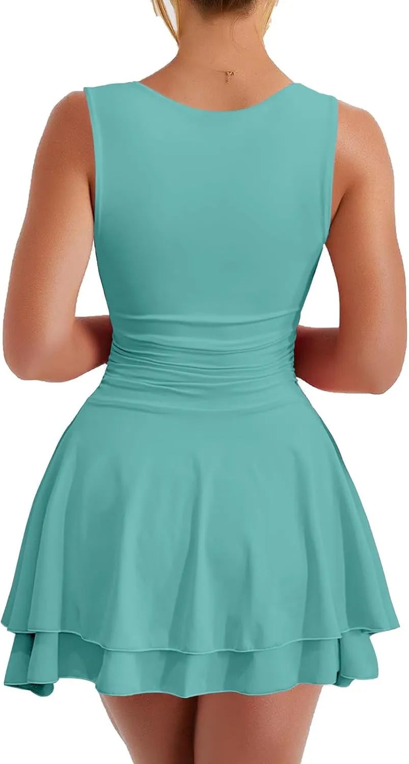 Women's Square Neck Ruffle Hem Mini Dress Sleeveless Ruched Waist Short Dresses Corset Pleated Swing Babydoll Dresses