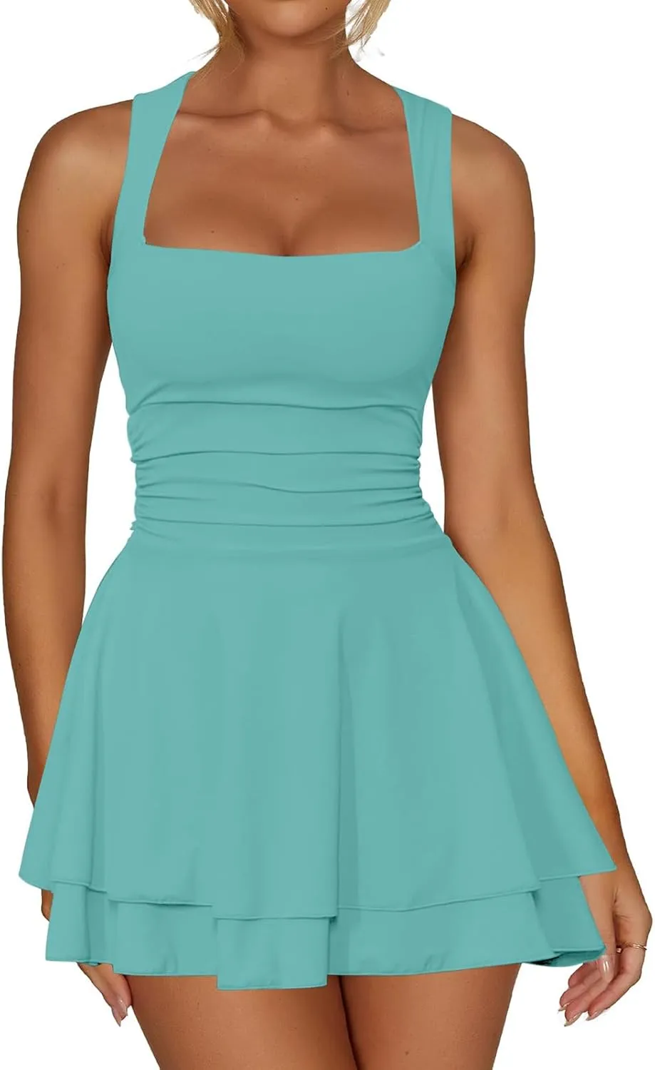 Women's Square Neck Ruffle Hem Mini Dress Sleeveless Ruched Waist Short Dresses Corset Pleated Swing Babydoll Dresses