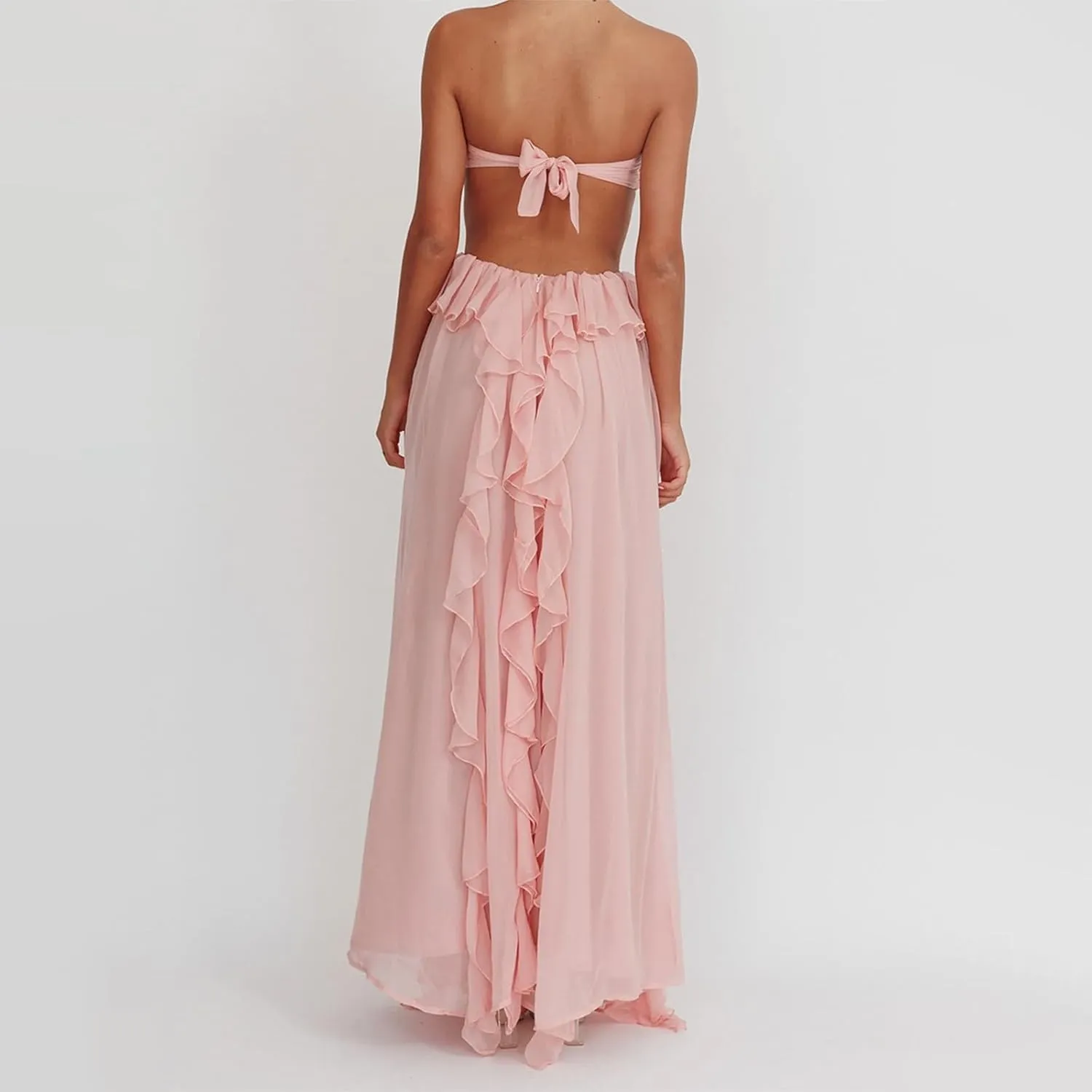 Womens Strapless Cut Out Wedding Dresses Ruffle Bridal Tube Dresses Evening Maxi Dress Bridal Long Gowns