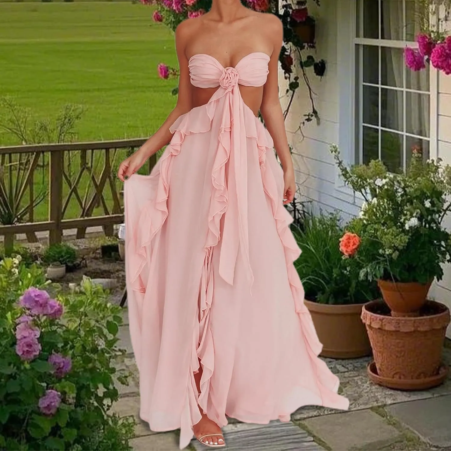 Womens Strapless Cut Out Wedding Dresses Ruffle Bridal Tube Dresses Evening Maxi Dress Bridal Long Gowns