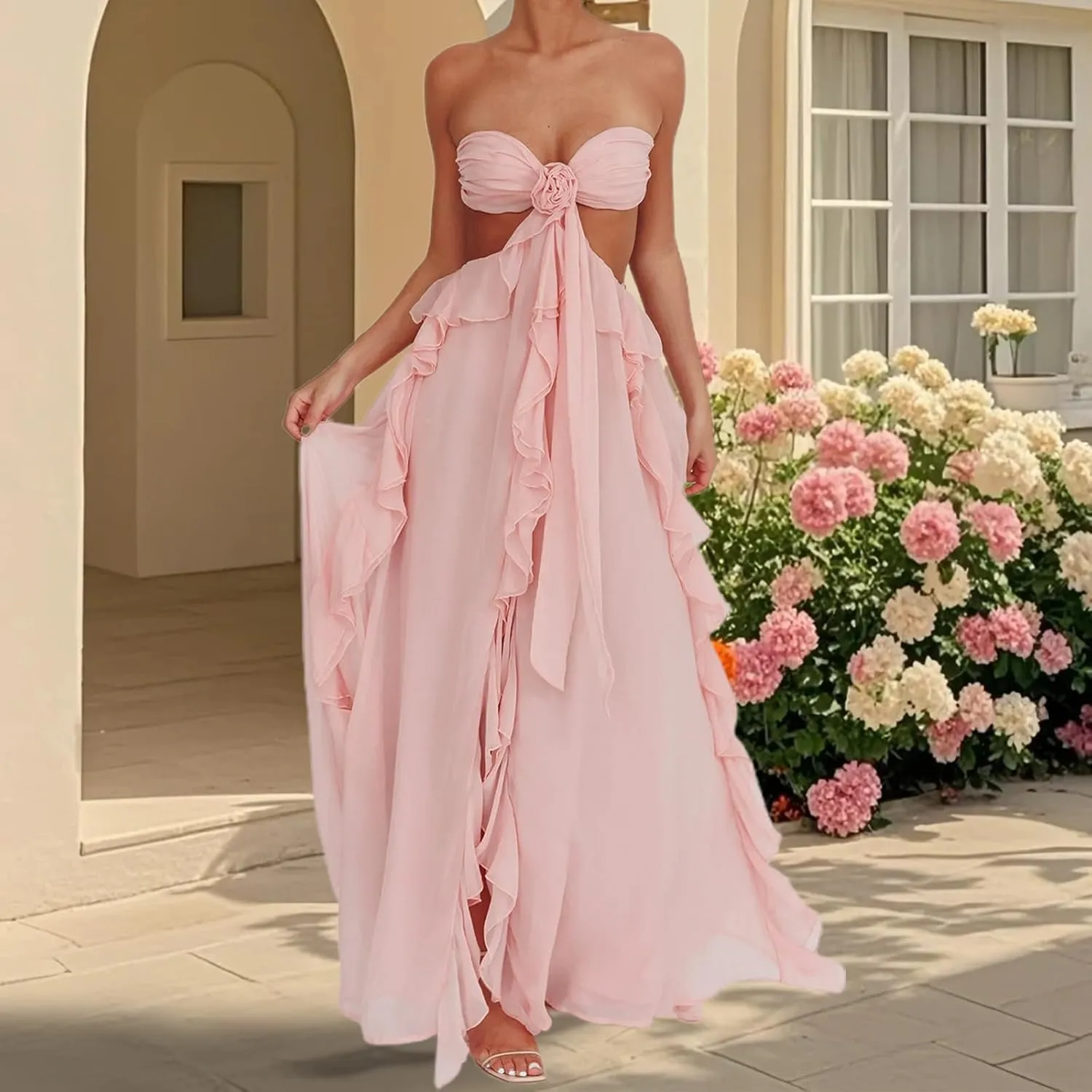 Womens Strapless Cut Out Wedding Dresses Ruffle Bridal Tube Dresses Evening Maxi Dress Bridal Long Gowns