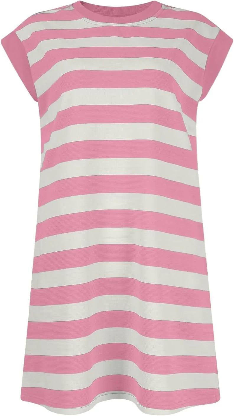 Womens Striped Summer Dresses 2024 Crewneck Patchwork Casual Loose Color Block Tshirt Dress with Pockets