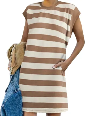 Womens Striped Summer Dresses 2024 Crewneck Patchwork Casual Loose Color Block Tshirt Dress with Pockets