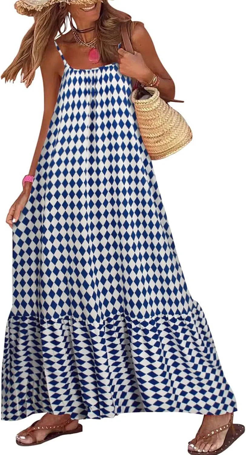 Womens Summer Bohemian Pattern Spaghetti Straps Sleeveless Casual Maxi Long Dresses Y2k Beach Sundress Streetwear