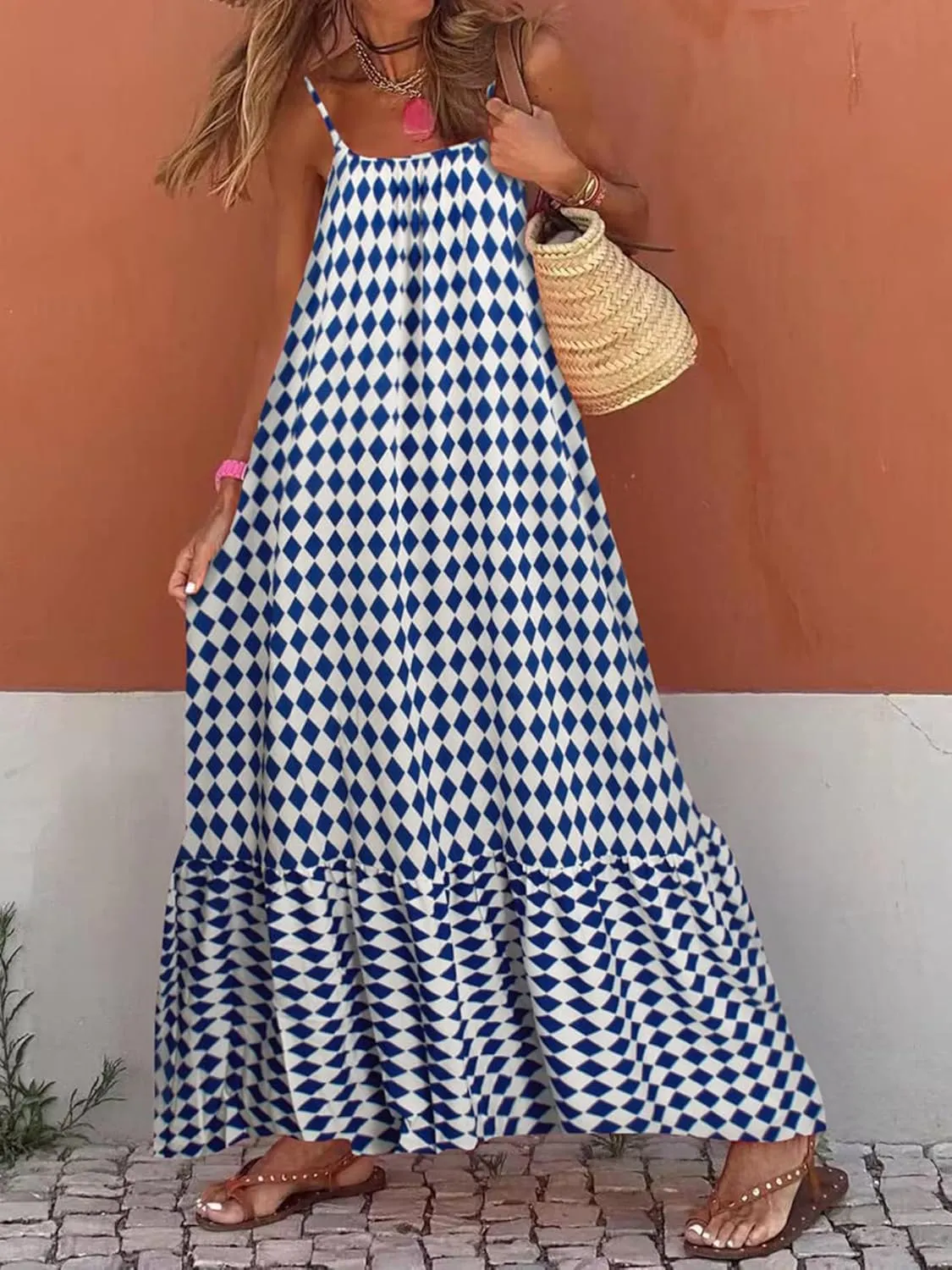 Womens Summer Bohemian Pattern Spaghetti Straps Sleeveless Casual Maxi Long Dresses Y2k Beach Sundress Streetwear