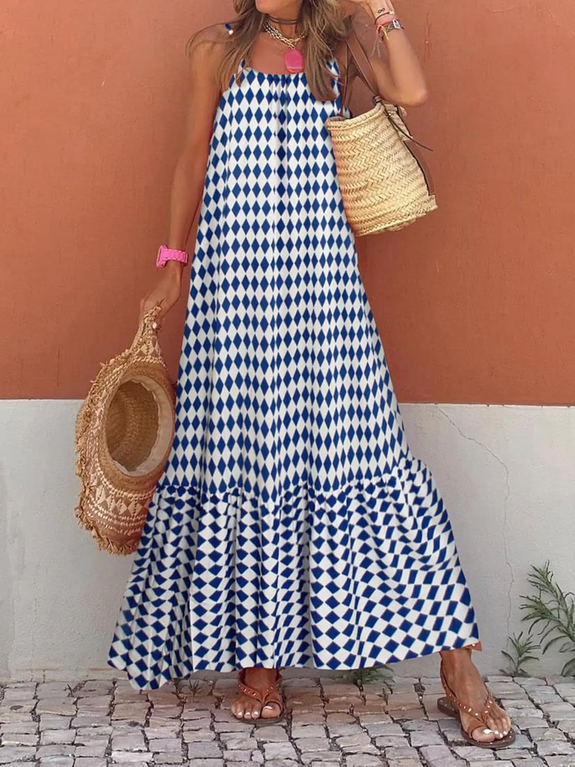 Womens Summer Bohemian Pattern Spaghetti Straps Sleeveless Casual Maxi Long Dresses Y2k Beach Sundress Streetwear