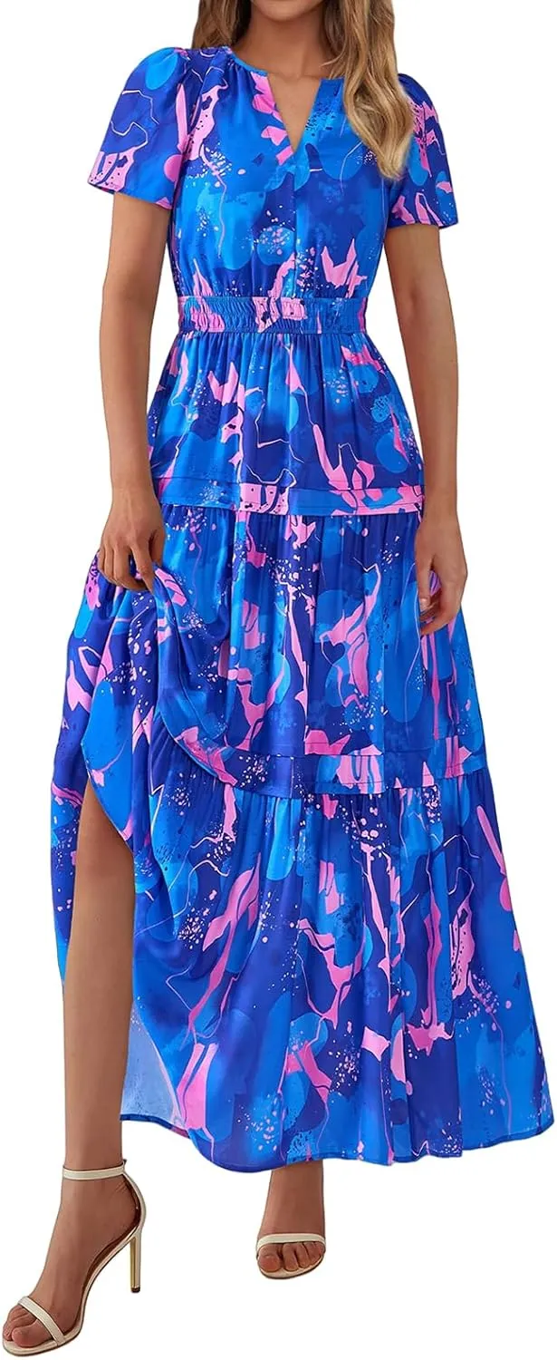 Womens Summer Boho Dress Casual V Neck Short Sleeve Maxi Dress A Line Tiered Ruffle Flowy Vacation Beach Dresses