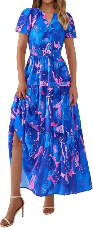 Womens Summer Boho Dress Casual V Neck Short Sleeve Maxi Dress A Line Tiered Ruffle Flowy Vacation Beach Dresses