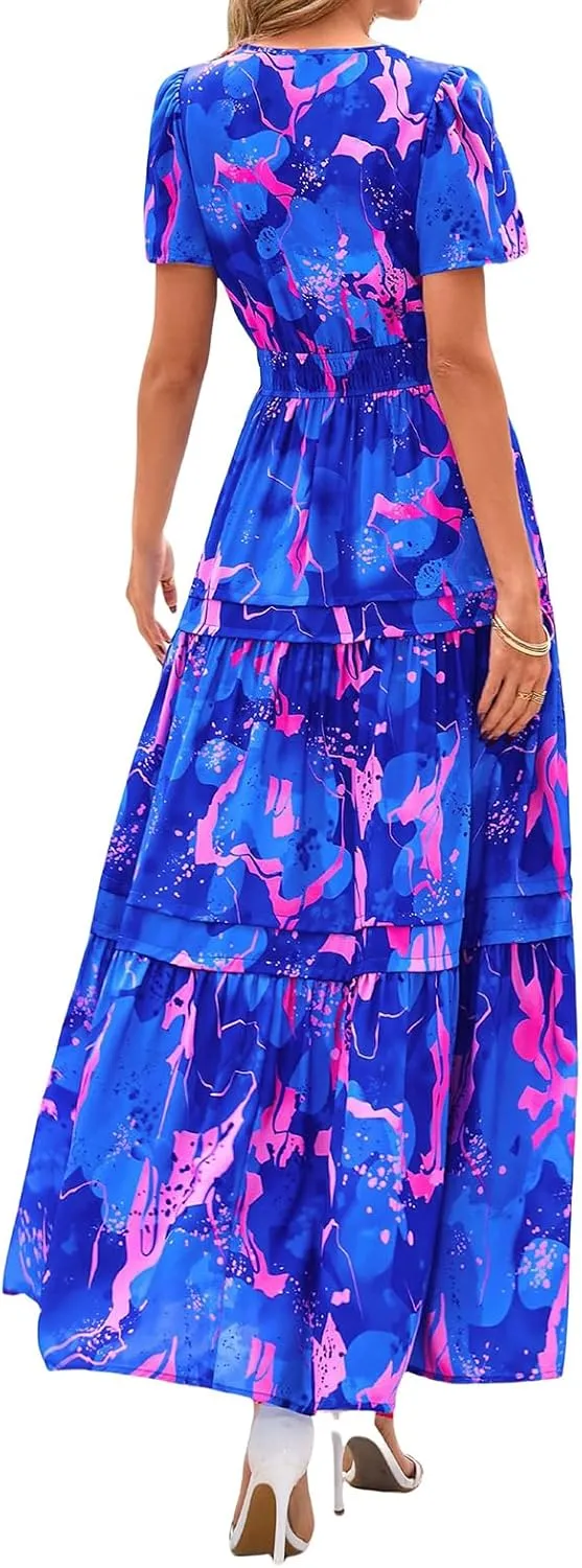 Womens Summer Boho Dress Casual V Neck Short Sleeve Maxi Dress A Line Tiered Ruffle Flowy Vacation Beach Dresses