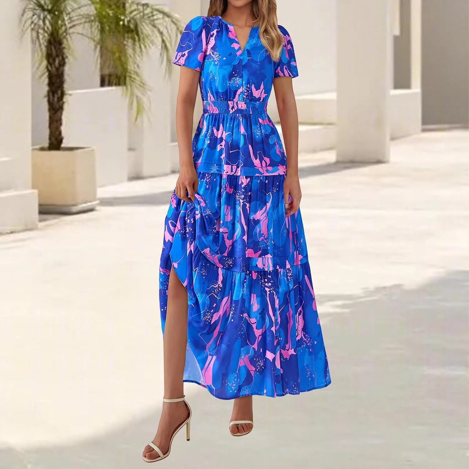 Womens Summer Boho Dress Casual V Neck Short Sleeve Maxi Dress A Line Tiered Ruffle Flowy Vacation Beach Dresses